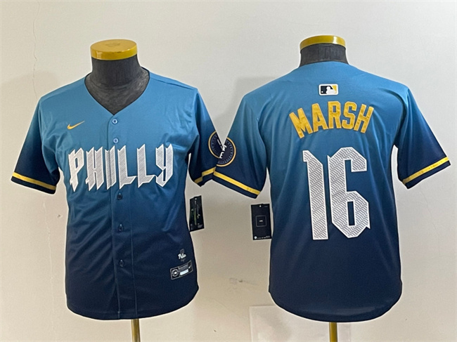 Youth Philadelphia Phillies #16 Brandon Marsh Blue 2024 City Connect Limited Stitched Baseball Jersey Youth Philadelphia Phillies #16 Brandon Marsh Blue 2024 City Connect Limited Stitched Baseball Jersey